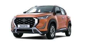 Orange Nissan Magnite compact SUV shown in front three-quarter view