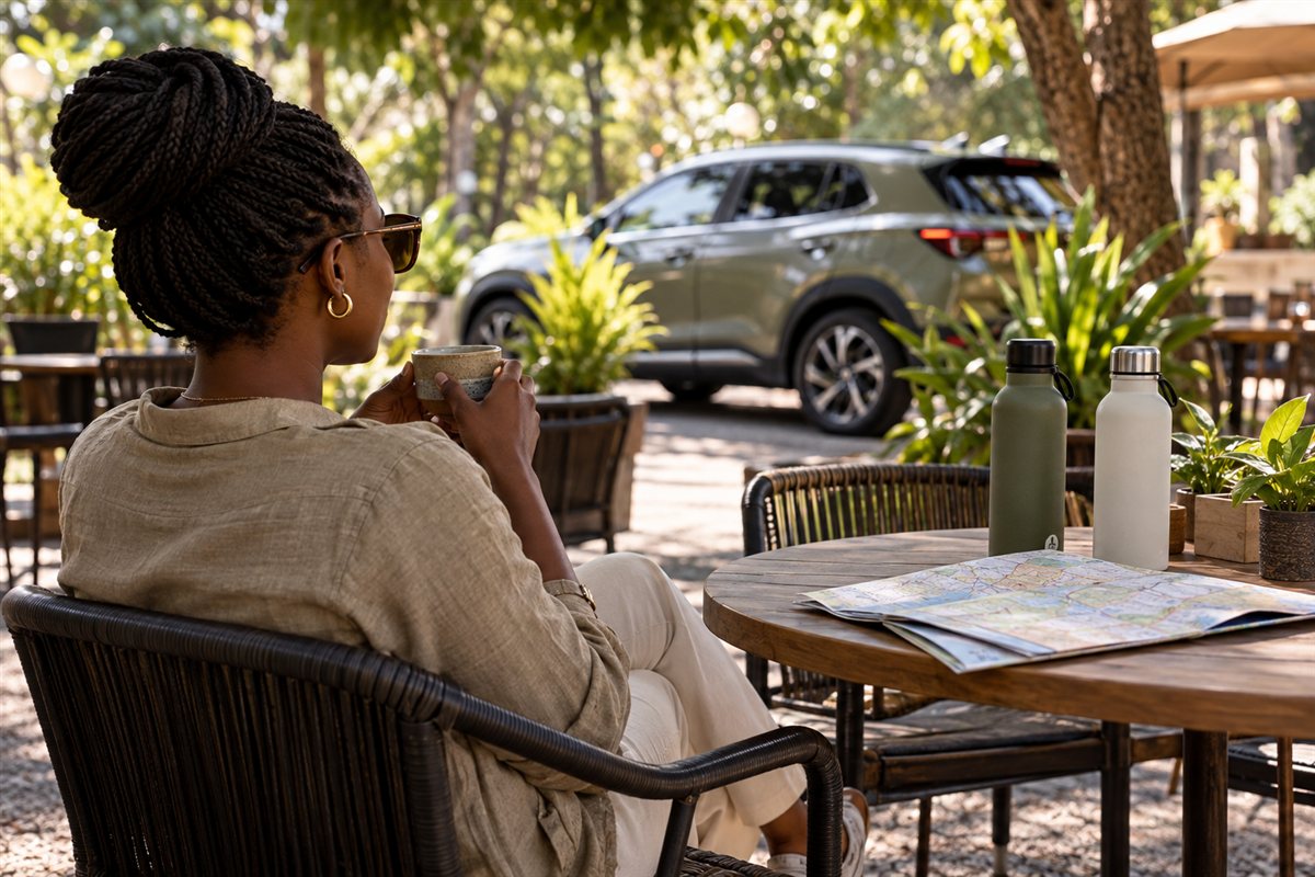 A woman takes a relaxed break at a shaded garden café, with a compact crossover and reusable water bottles nearby.