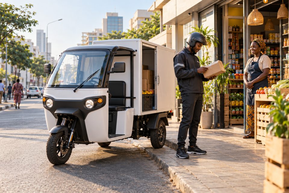 Illustrative urban delivery scene showing a generic electric three-wheeler outside a grocery shop