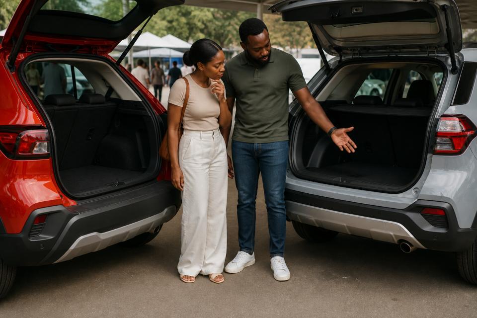 Two adults comparing the luggage spaces of two unbranded compact SUVs at an illustrative motoring-event display