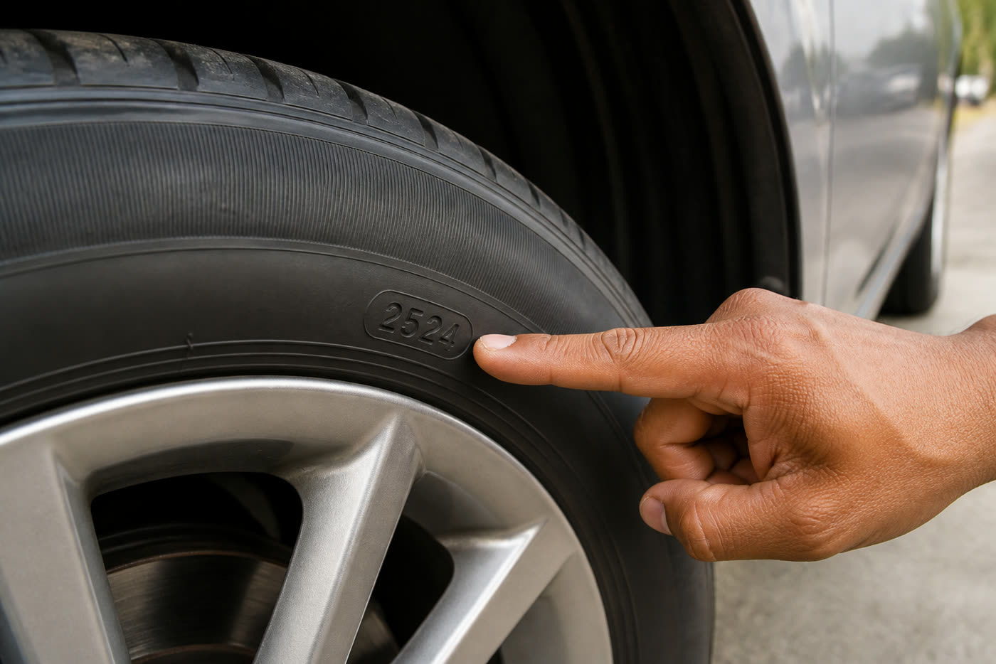 A hand points to the four-digit 2524 manufacture-date code on a car tyre sidewall.