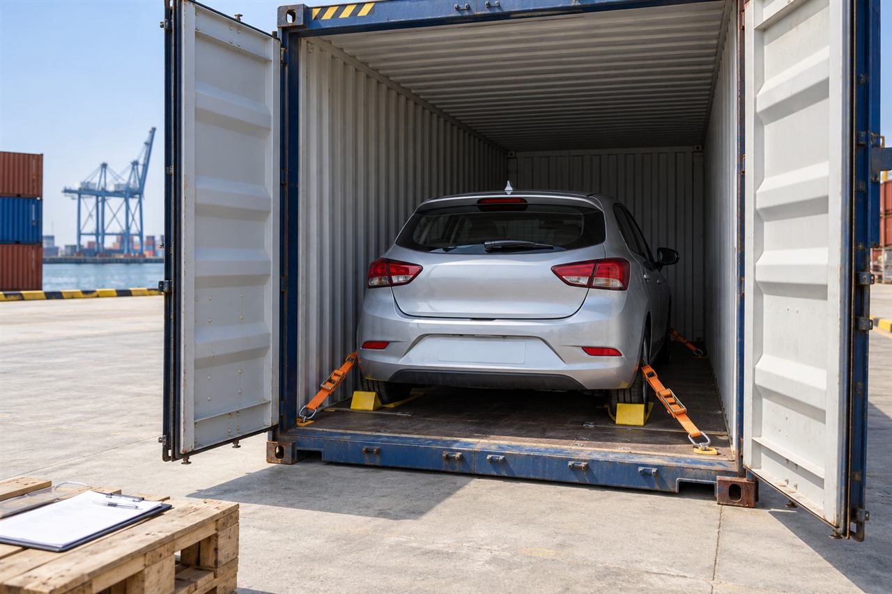 A generic hatchback secured with wheel chocks and lashing straps inside an open shipping container at a port.