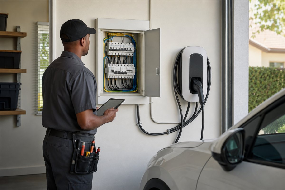 Electrician assessing a home distribution board beside an electric-vehicle wall charger