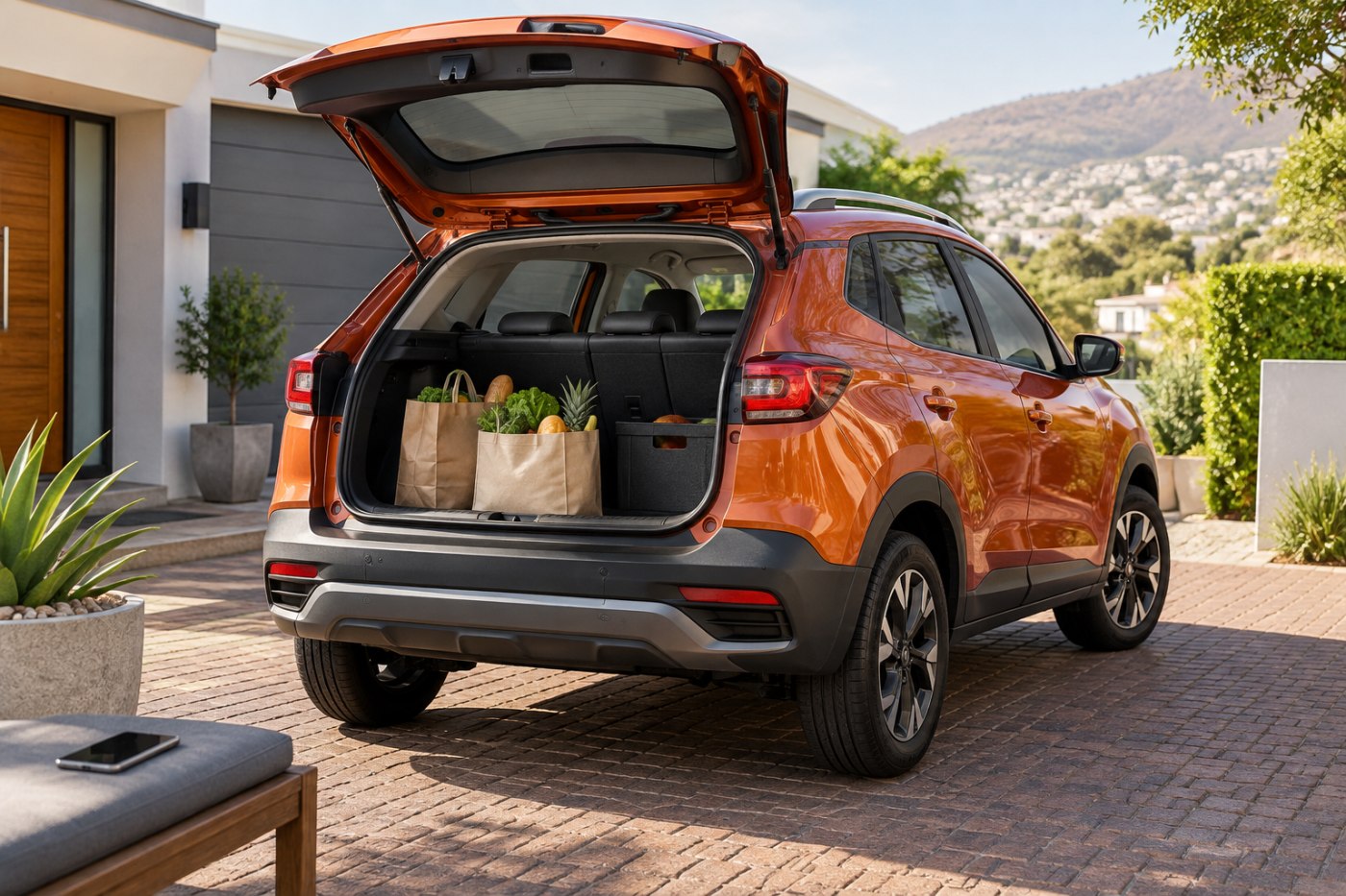 Original Vroom Africa editorial illustration of a compact orange crossover with its tailgate open beside grocery bags in a home driveway