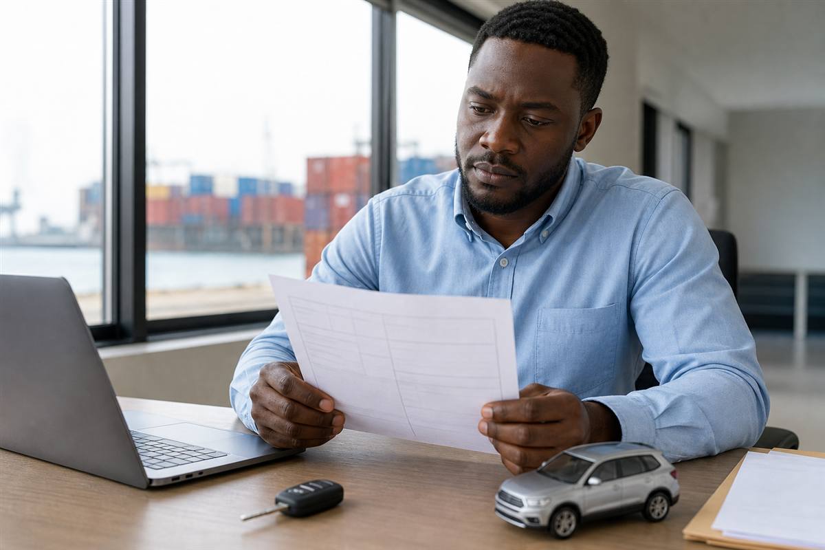 Ghanaian vehicle importer checking shipping paperwork beside a small model car and vehicle key