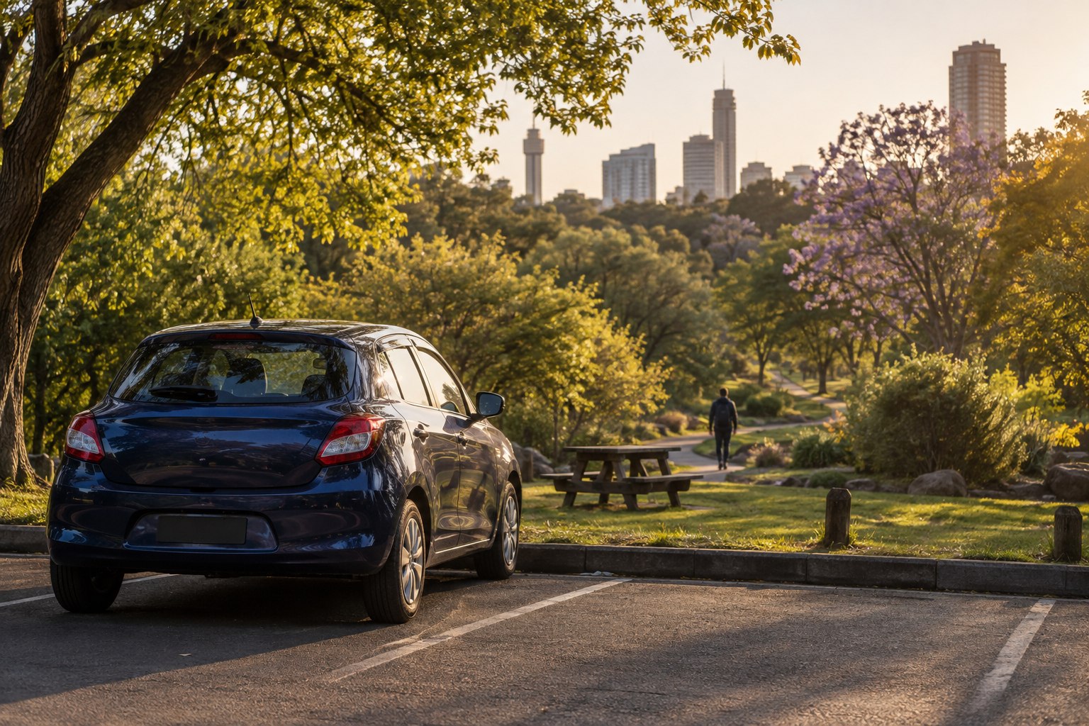 A dark-blue hatchback parked beside a leafy Johannesburg city park at sunset, with a distant walker and skyline.