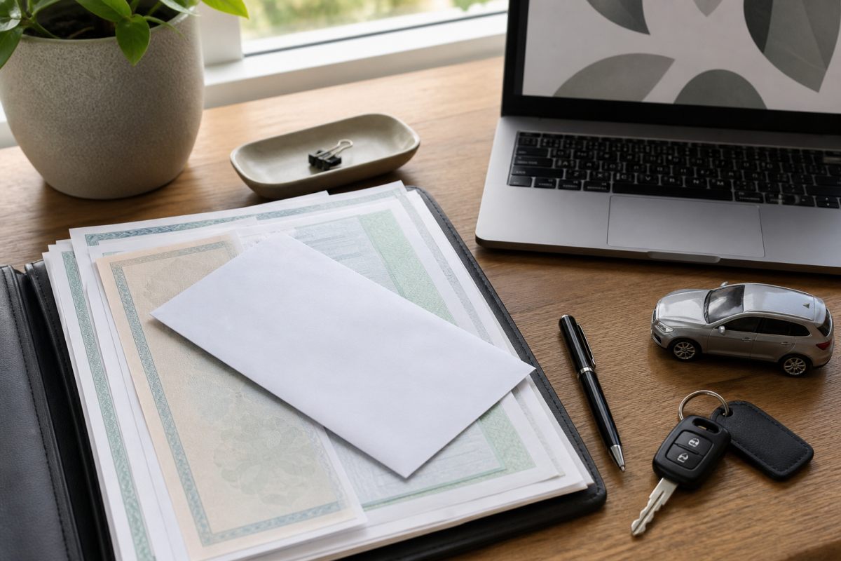 Vehicle paperwork, keys, pen and a small model car arranged on a desk for a licence renewal checklist