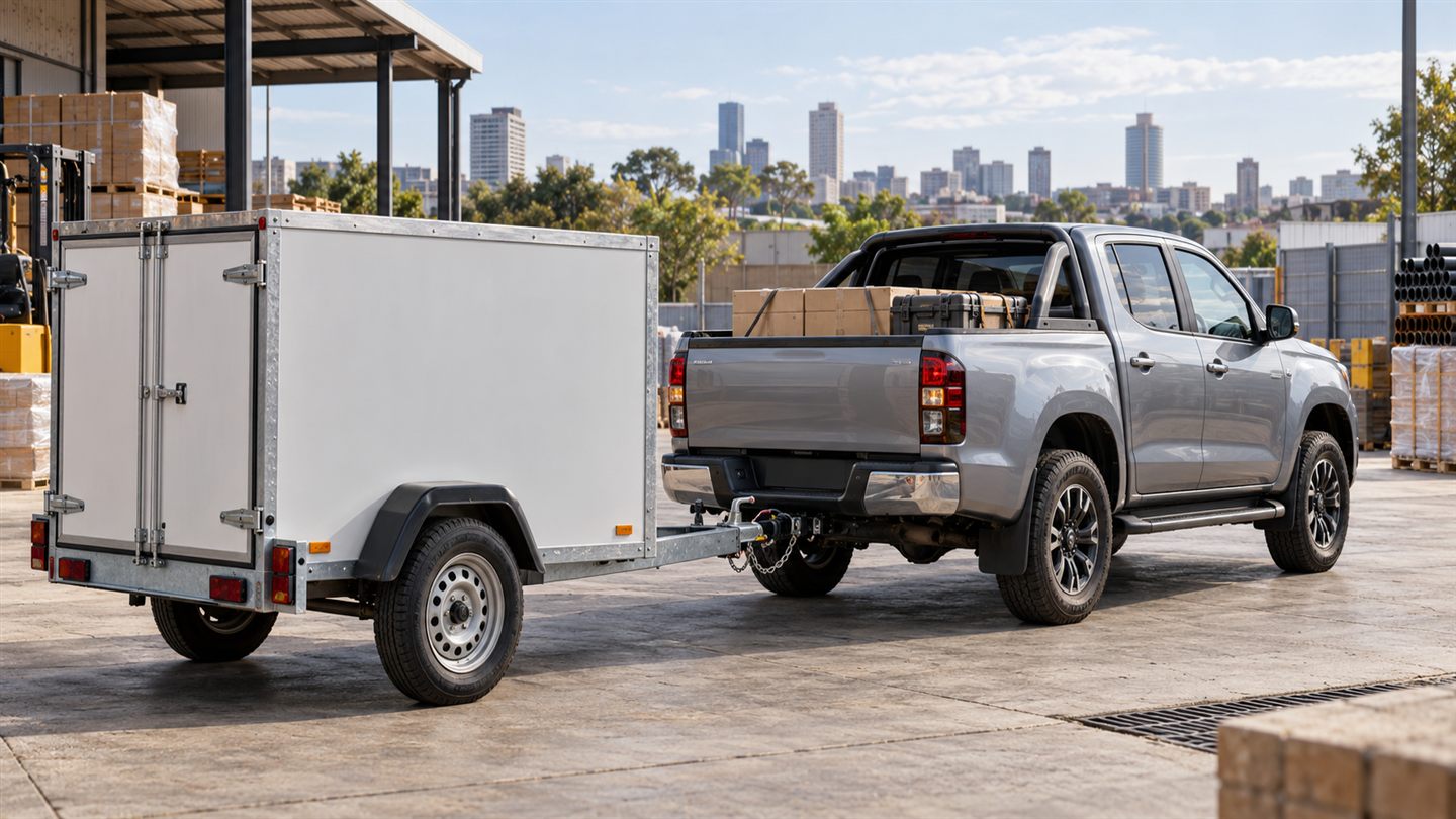 Illustrative unbranded pickup with a utility trailer in a small-business loading yard