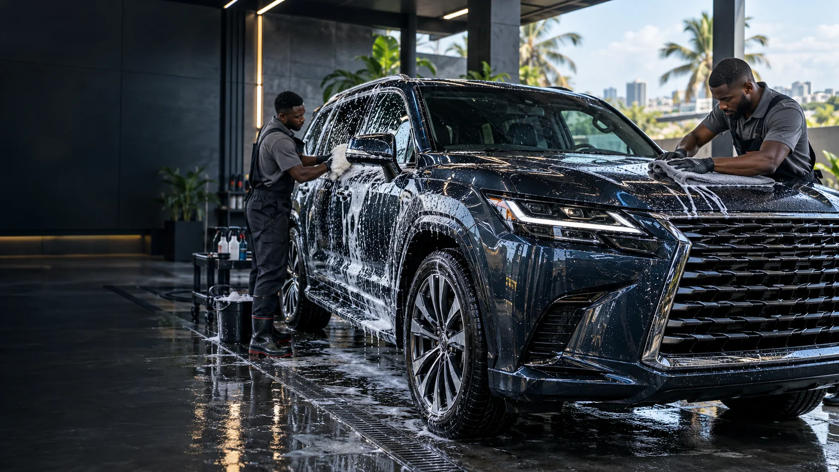 VroomAfrica technicians washing and detailing a premium SUV