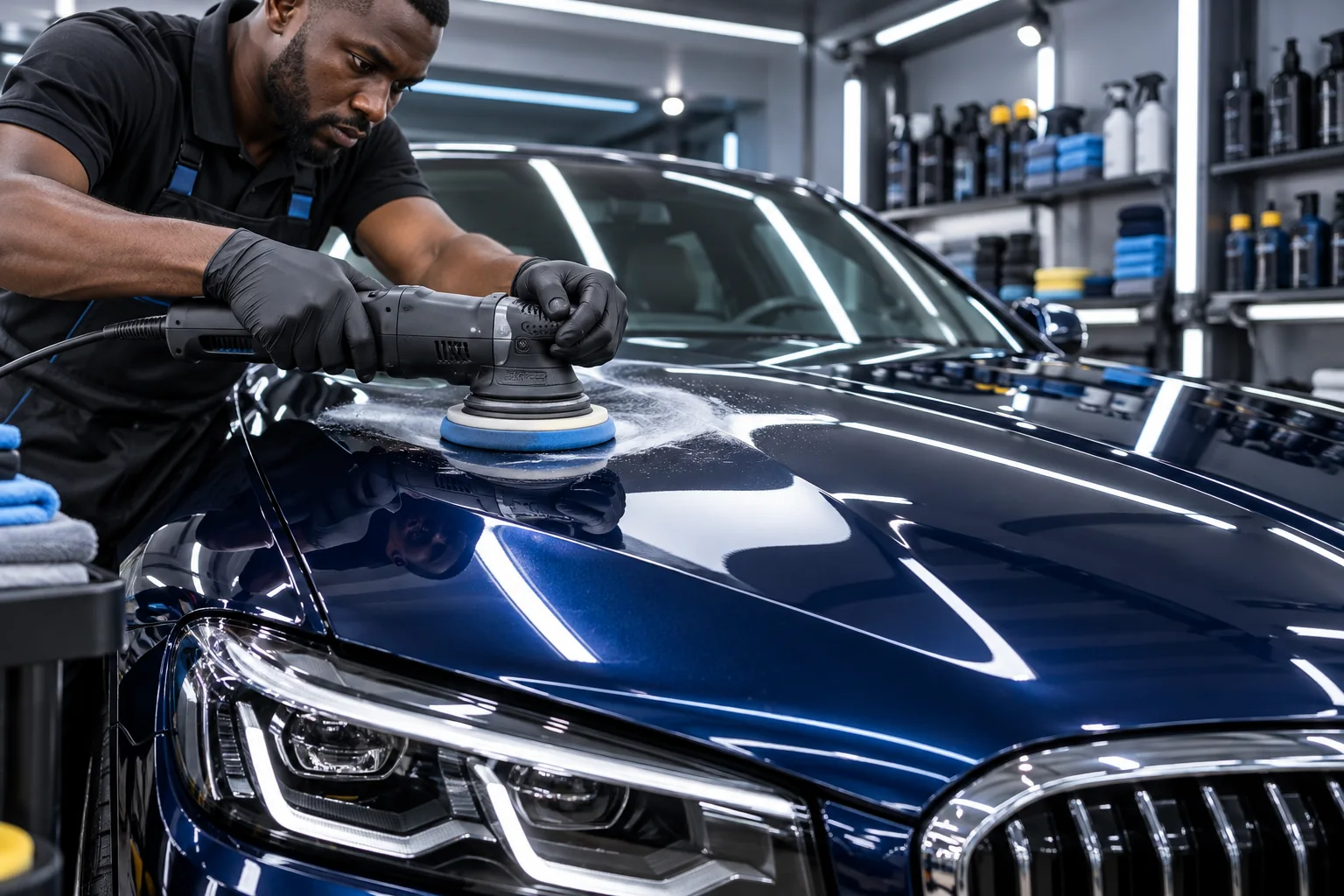 Professional machine polishing on blue car paint